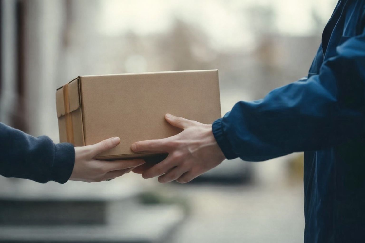 En person tar emot ett kartongpaket från en annan person, möjligen en leverans.